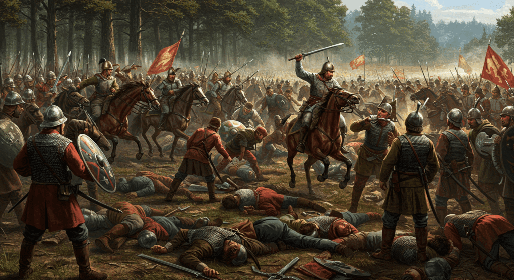 ¿Quién fue Alejandro Magno? Vida y conquistas del gran conquistador 5 Pintura de una batalla con soldados luchando en un bosque. Representación artística de un enfrentamiento militar histórico