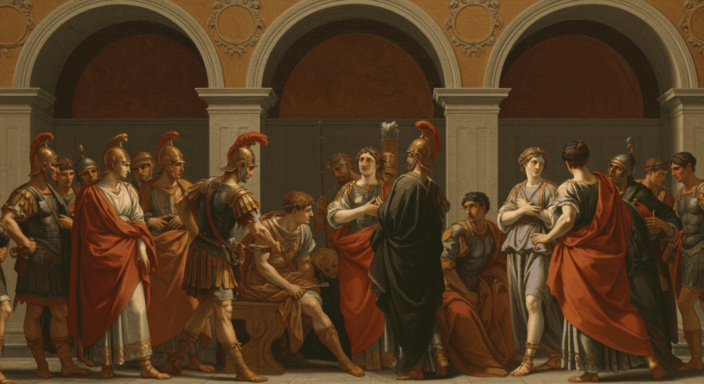 ¿Quién fue Alejandro Magno? Vida y conquistas del gran conquistador 3 Pintura histórica de una escena romana. Representación artística con figuras en trajes clásicos