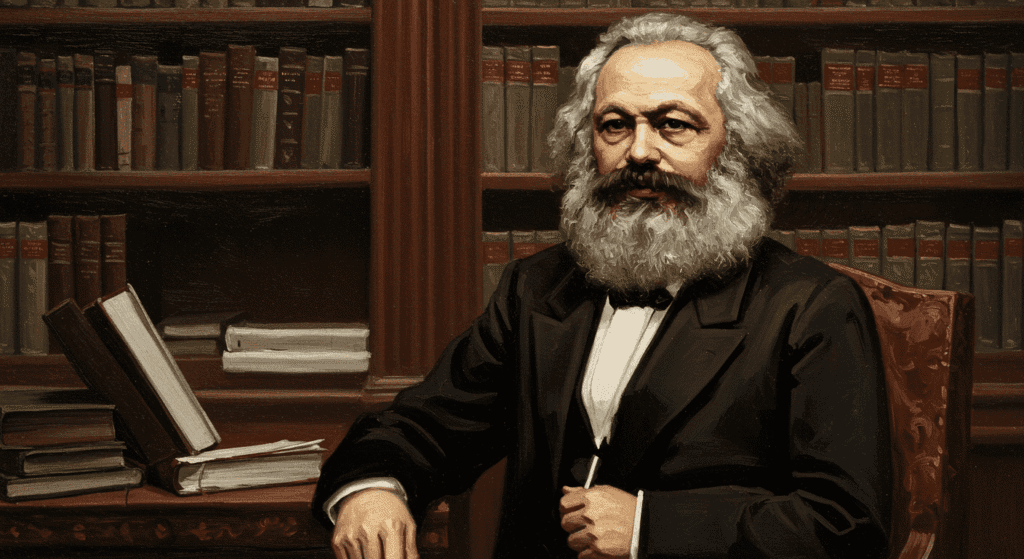 ¿Quién fue Karl Marx? Vida, ideas y legado del padre del marxismo 6 Pintura al óleo de Karl Marx. Imagen del retrato de Karl Marx con una estantería de libros detrás. Ideal para contenido sobre filosofía, historia y economía política.