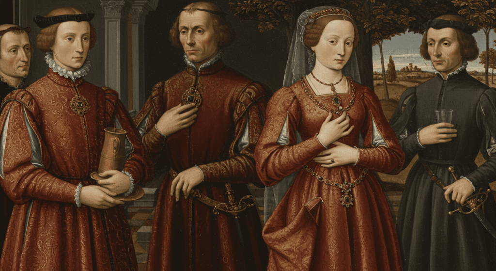 ¿Quién fue Alejandro Magno? Vida y conquistas del gran conquistador 6 Pintura de época renacentista con figuras ricamente vestidas. Representación artística de una escena histórica.