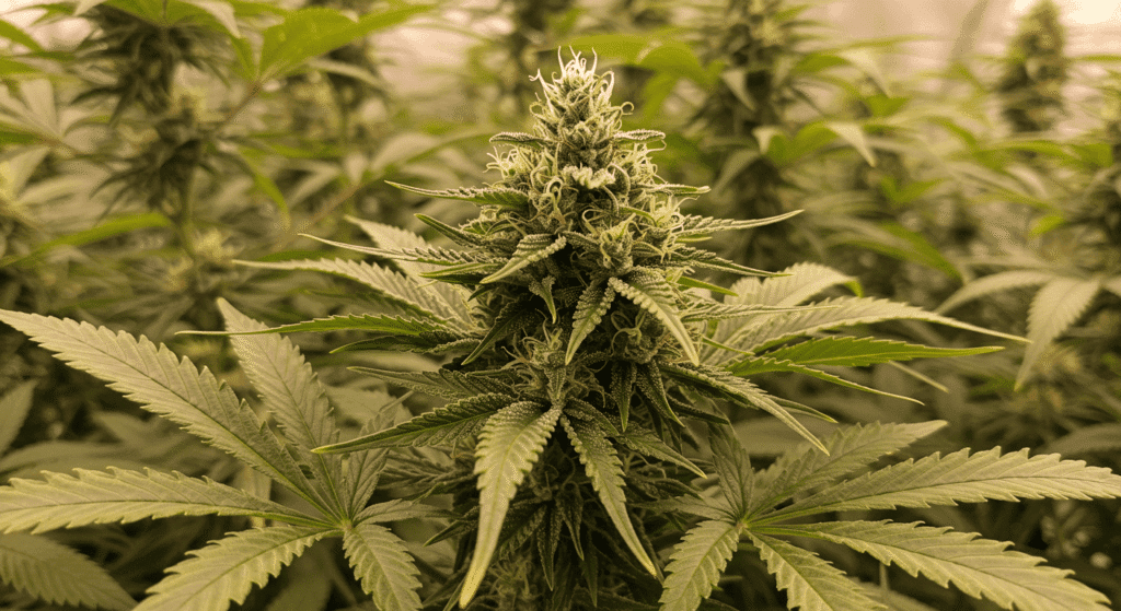 Efectos de la marihuana en la salud: beneficios y riesgos que debes conocer 2 "Primer plano de planta de cannabis madura con cogollo resinoso. Cultivo interior de marihuana medicinal. Hojas verdes y ambiente iluminado."