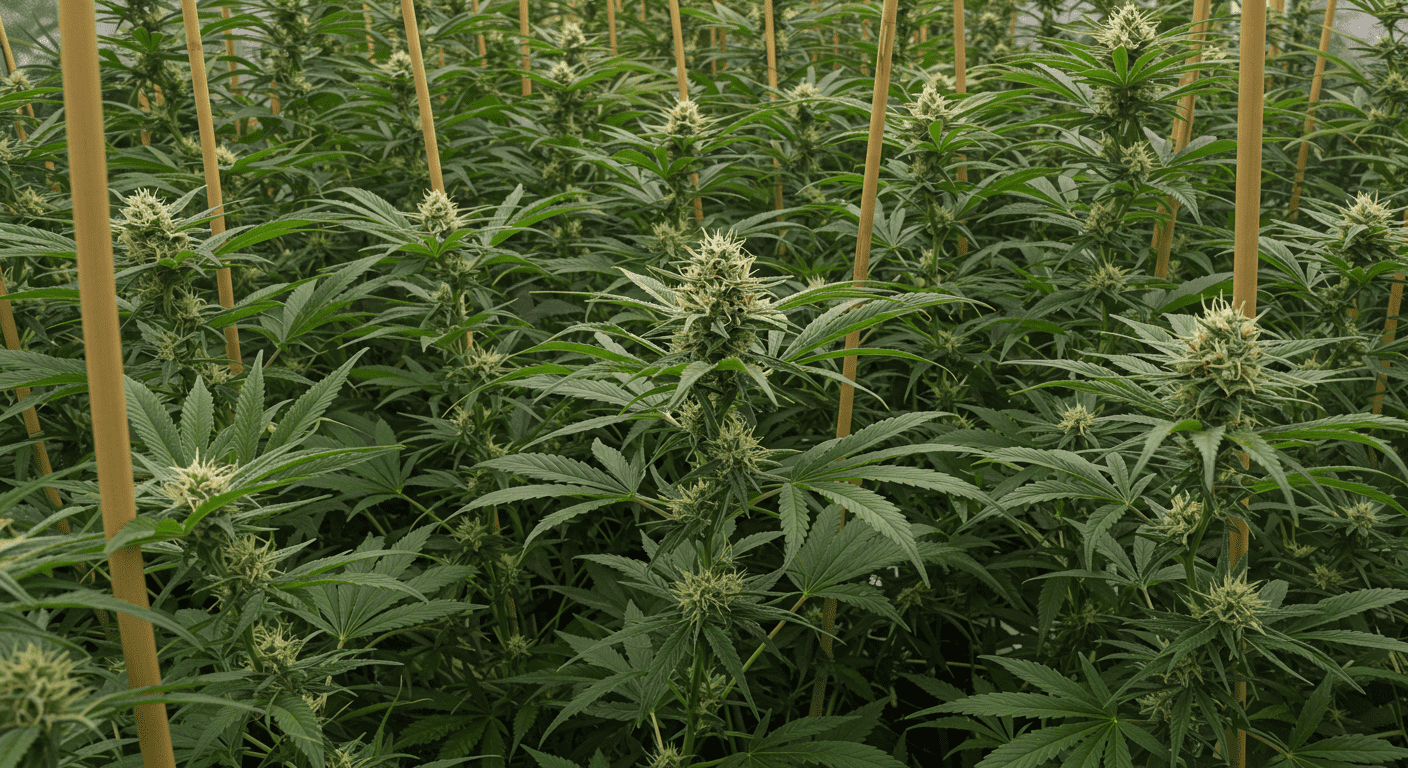 Fotografía de una plantación de marihuana, mostrando plantas frondosas con cogollos en desarrollo. Imagen relacionada con el cultivo de cannabis.