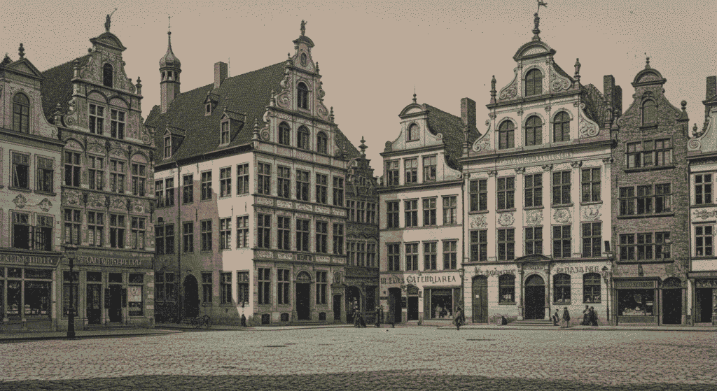 Plaza histórica europea, edificios antiguos de piedra y ladrillo. Arquitectura tradicional.


