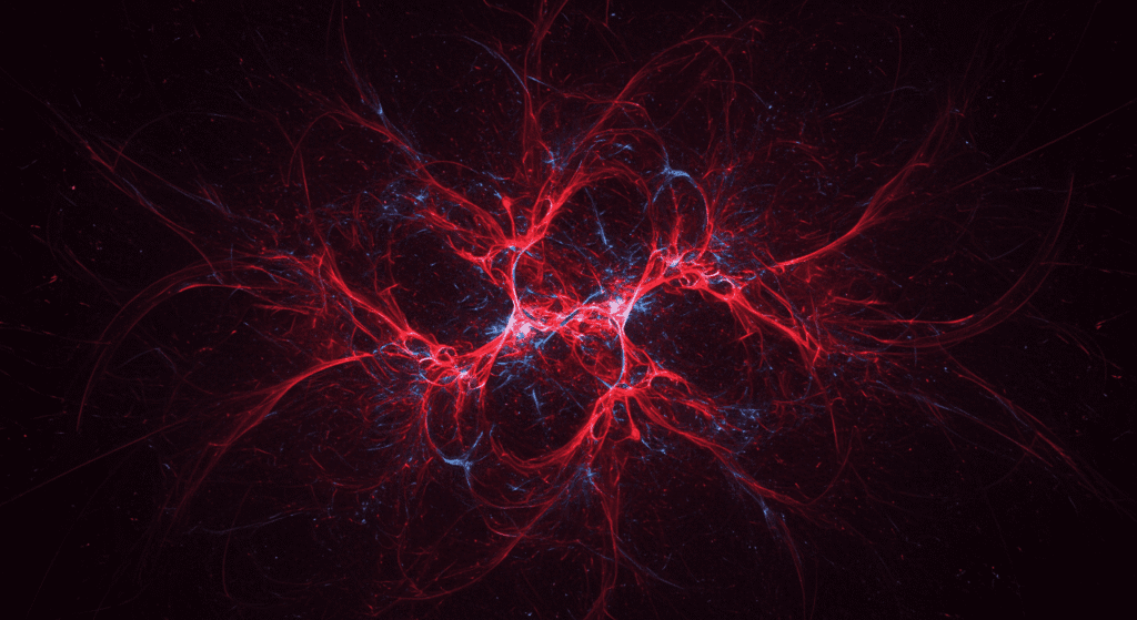 "Imagen abstracta digital con líneas y puntos de luz azules y rojos sobre fondo oscuro. Evoca el espacio, la energía o conexiones neuronales. Ideal para fondos de pantalla abstractos, diseño gráfico y visualizaciones científicas."