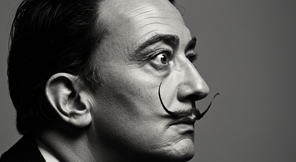 5 pintores surrealistas que transformaron el arte con su visión única 2 "Retrato en blanco y negro de perfil de Salvador Dalí con su característico bigote. Arte, surrealismo, figura histórica."