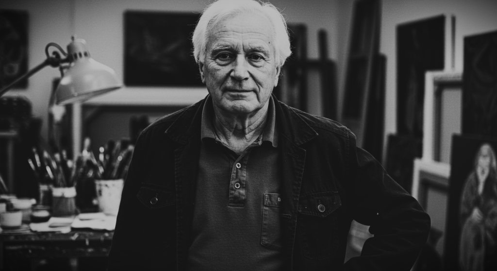 5 pintores surrealistas que transformaron el arte con su visión única 3 "Retrato en blanco y negro de un hombre mayor en un estudio de arte. Artista, taller de pintura."