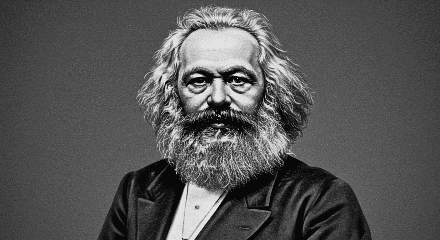 Retrato de Karl Marx en blanco y negro. Imagen de Karl Marx con pelo y barba largos. Ideal para contenido sobre filosofía, historia y economía política.