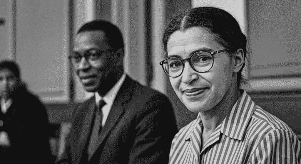 ¿Quién fue Martin Luther King? El líder que soñó con la igualdad 3 Rosa Parks sonriendo con gafas. Foto en blanco y negro de la defensora de los derechos civiles.