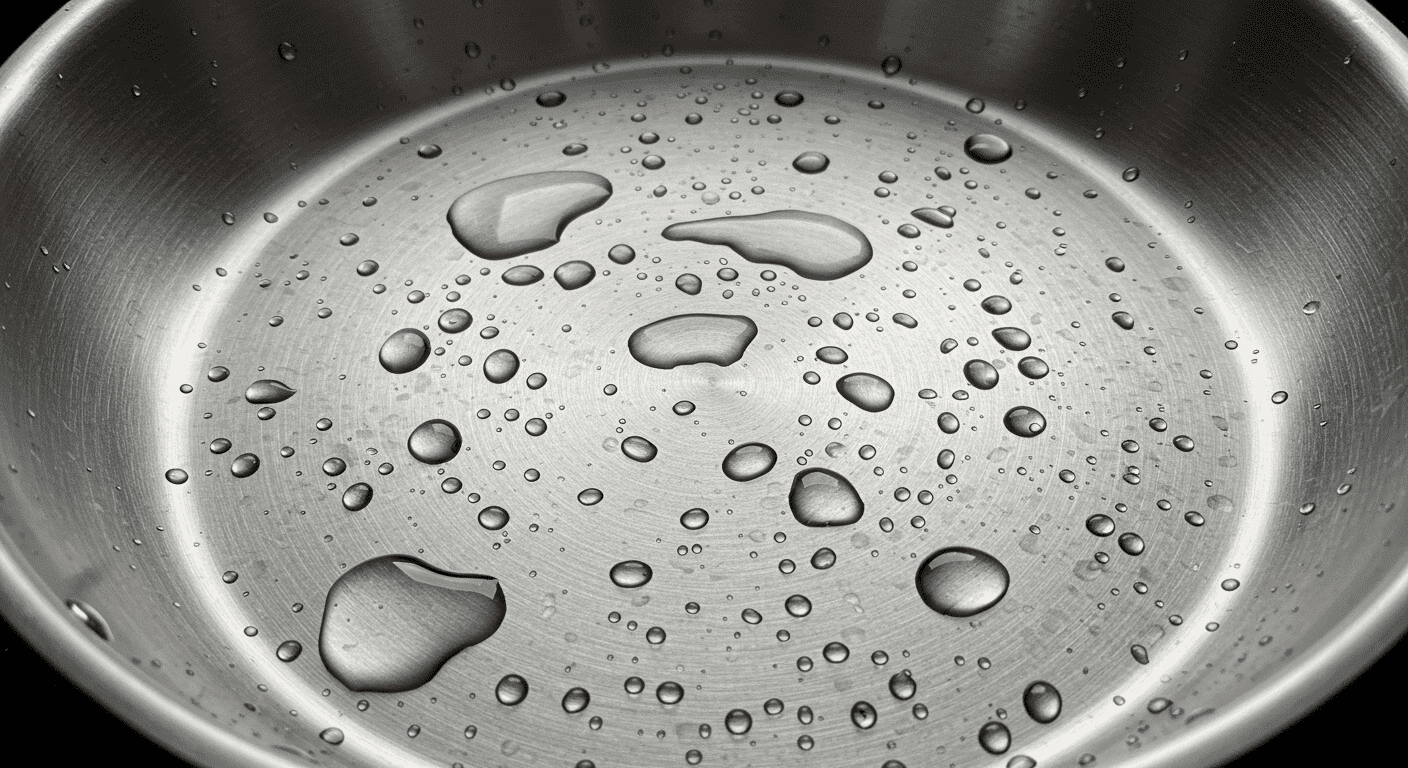 Sartén acero inoxidable gotas agua cocina. Imagen de una sartén de acero inoxidable con gotas de agua. Ideal para artículos de cocina, limpieza y preparación de alimentos.