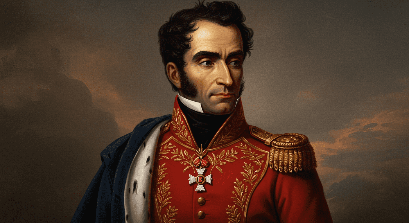 Retrato de Simón Bolívar, el libertador de América, con su uniforme militar y mirada serena. Imagen histórica del líder independentista.