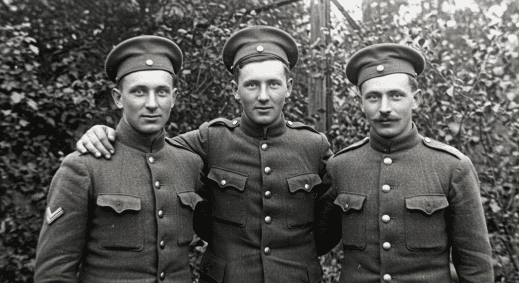 ¿Quién fue Adolf Hitler? Ascenso, dictadura y caída del líder nazi 3 Fotografía antigua de tres soldados alemanes con uniformes militares. Imagen histórica de soldados durante la Primera Guerra Mundial. Retrato de grupo de jóvenes militares en blanco y negro.