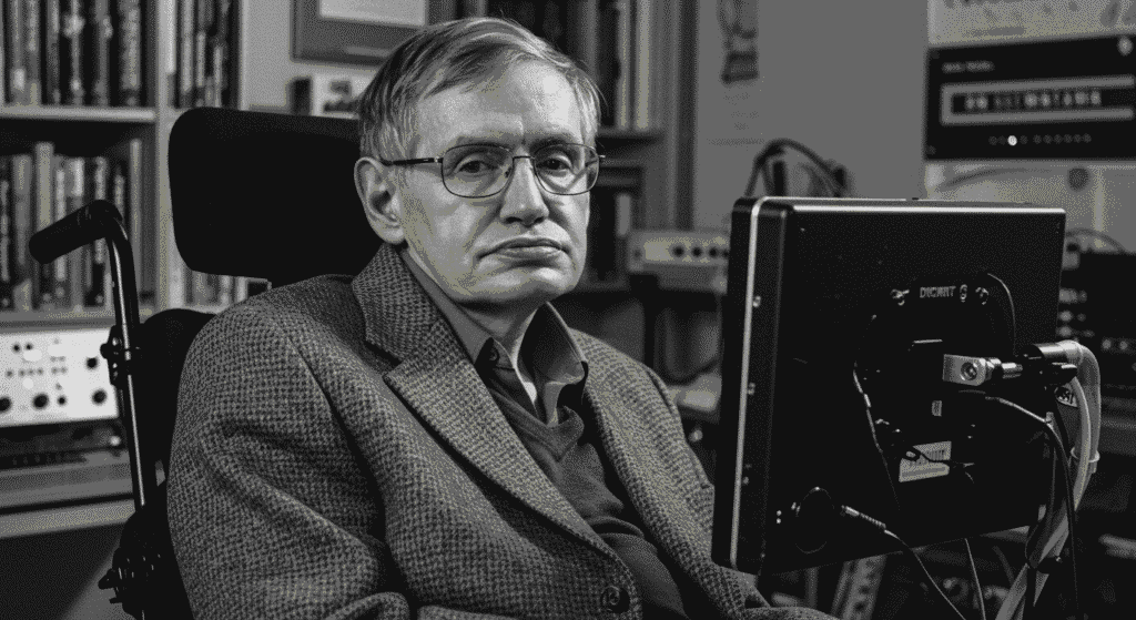¿Quién fue Stephen Hawking? Vida, logros y legado del genio de la física 2 Stephen Hawking en blanco y negro en su silla de ruedas. Retrato de científico discapacitado.