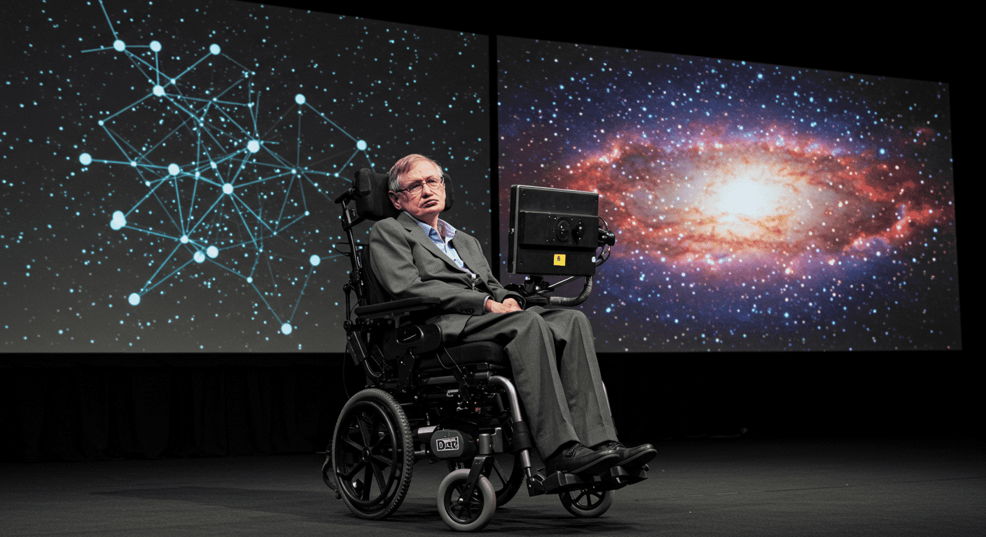 Stephen Hawking en silla de ruedas dando una conferencia. Científico hablando en un evento público.