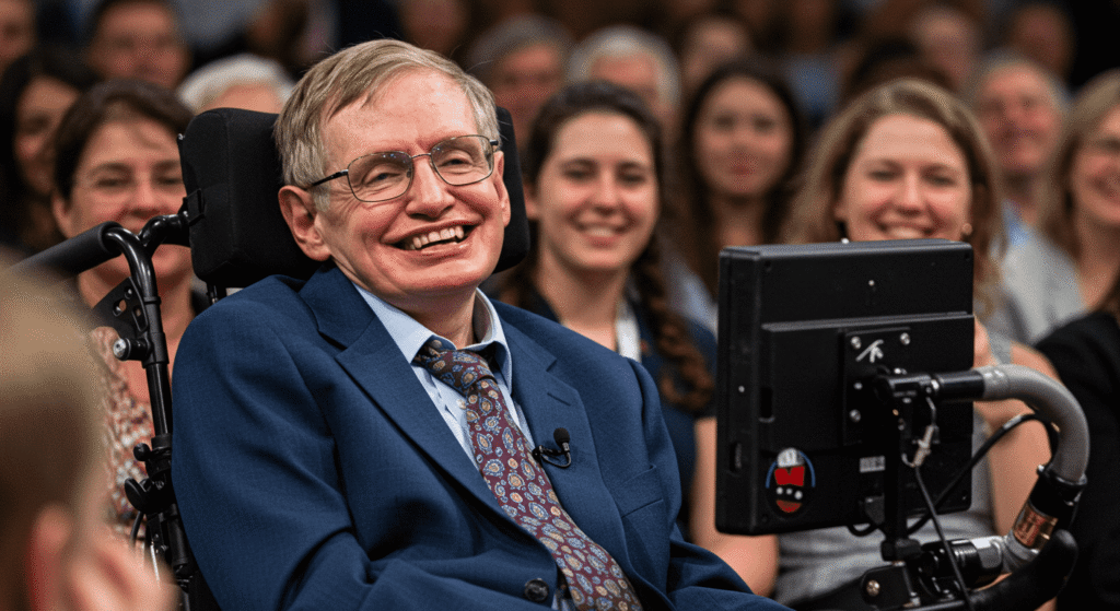 ¿Quién fue Stephen Hawking? Vida, logros y legado del genio de la física 5 Stephen Hawking sonriendo en su silla de ruedas. Retrato de científico famoso.