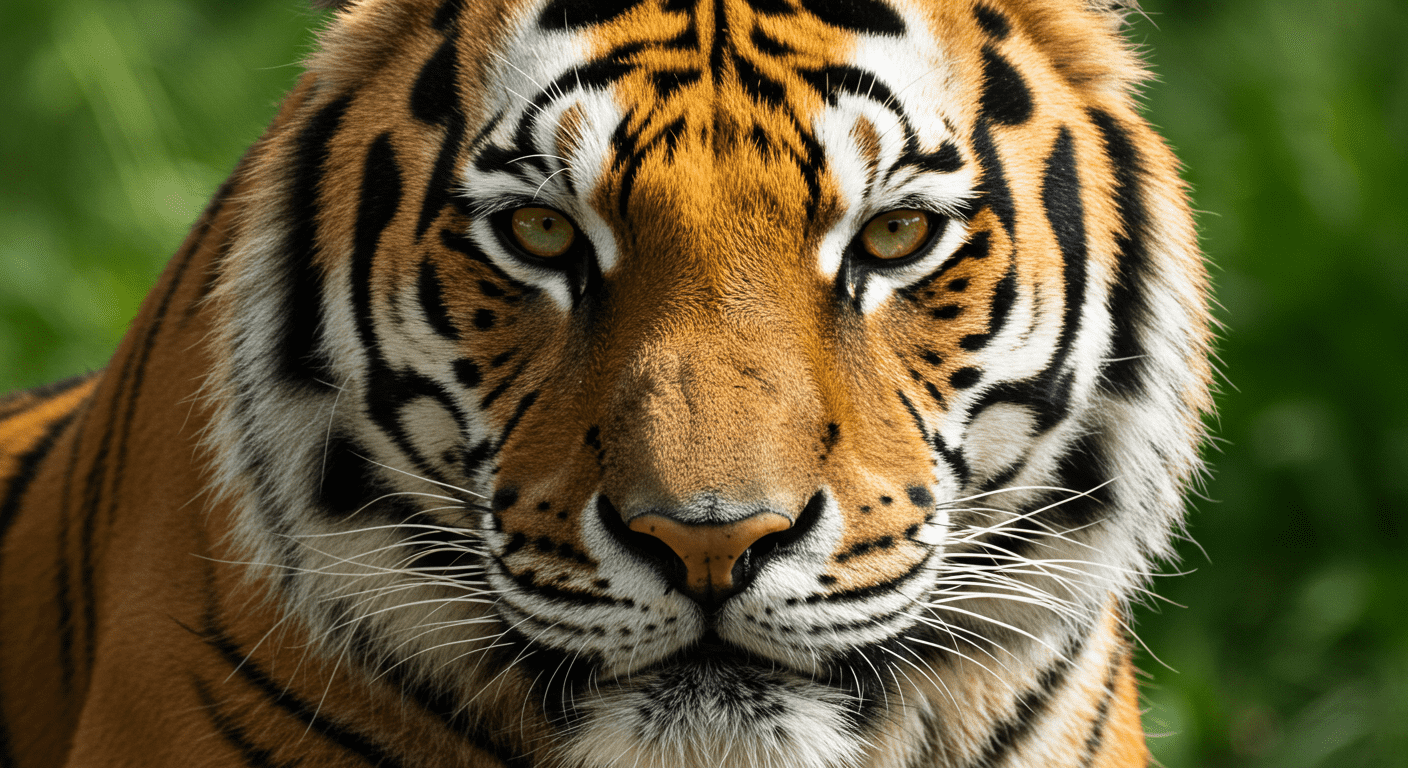 Primer plano de la cara de un tigre mostrando sus rayas negras y anaranjadas y sus ojos amarillos penetrantes. Una imagen del gran felino ideal para contenido sobre vida salvaje y conservación.