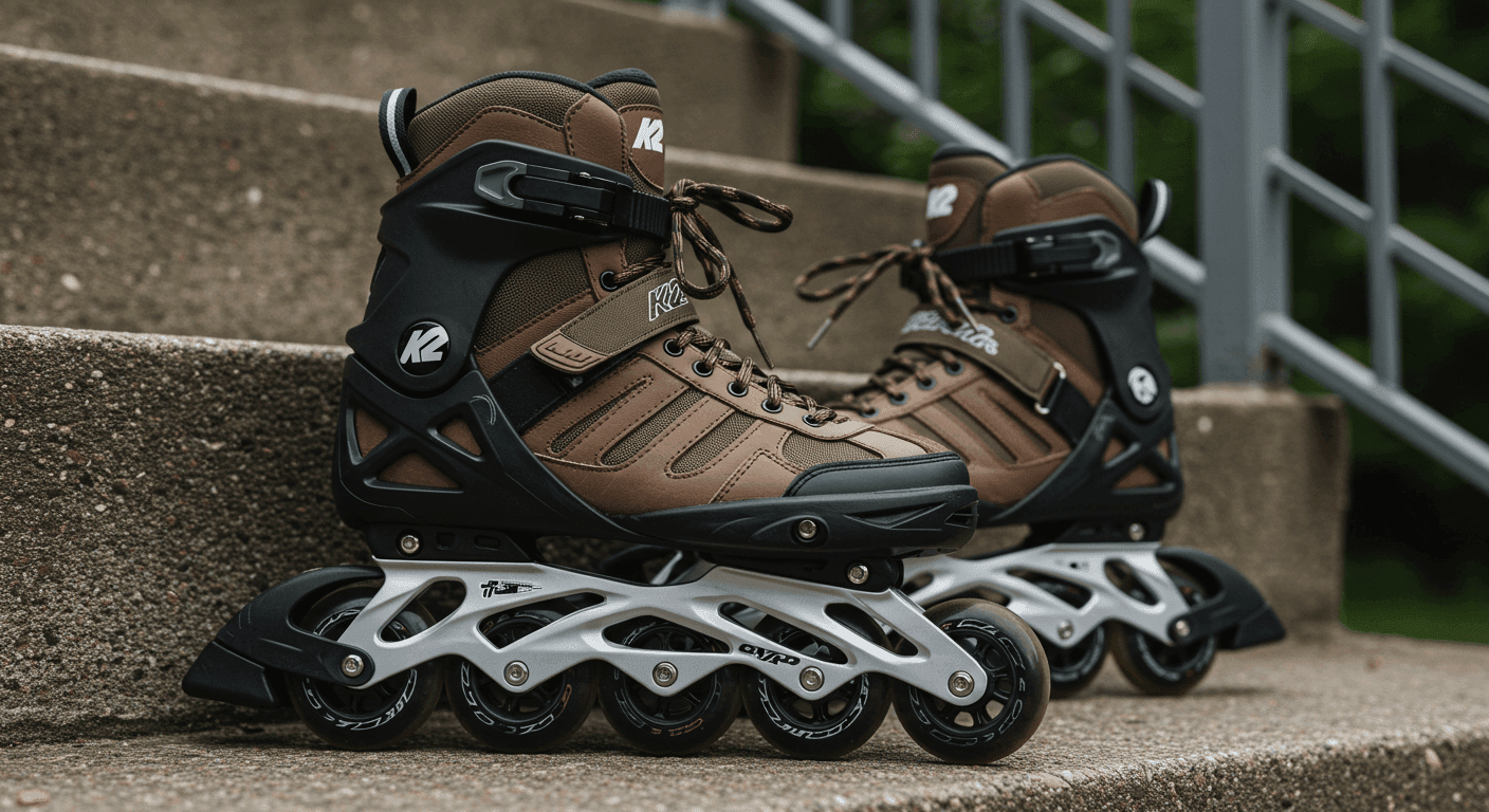 Primer plano de patines en línea K2 sobre escaleras de concreto. Imagen de equipo deportivo para patinaje, ideal para artículos sobre deportes, hobbies y actividades al aire libre.