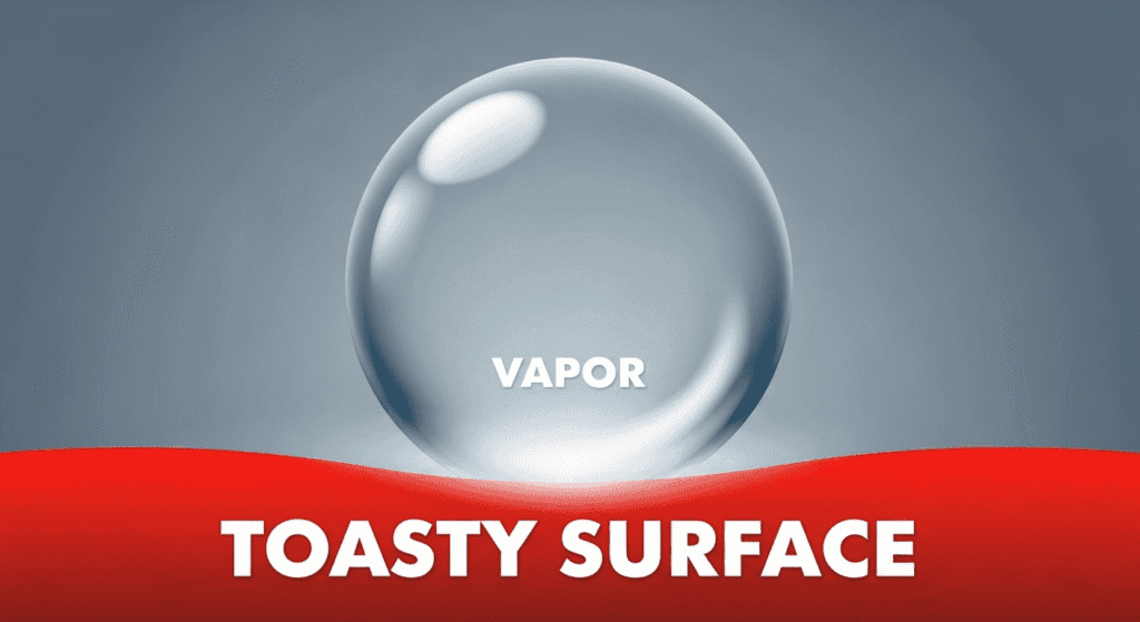 Ilustración vapor superficie caliente ciencia. Diagrama mostrando vapor sobre superficie tostada, concepto científico ilustrado. Ideal para artículos y contenido educativo sobre física y termodinámica.
