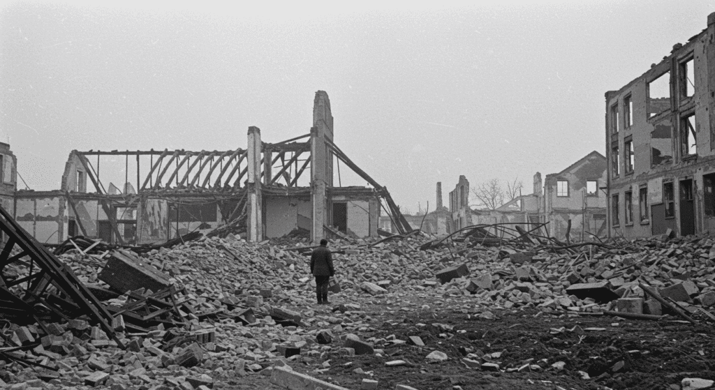 La bomba atómica en Hiroshima: el día en que el sol cayó del cielo 7 "Imagen en blanco y negro de una zona devastada con escombros y un edificio destruido. Representación gráfica de un desastre y sus consecuencias."