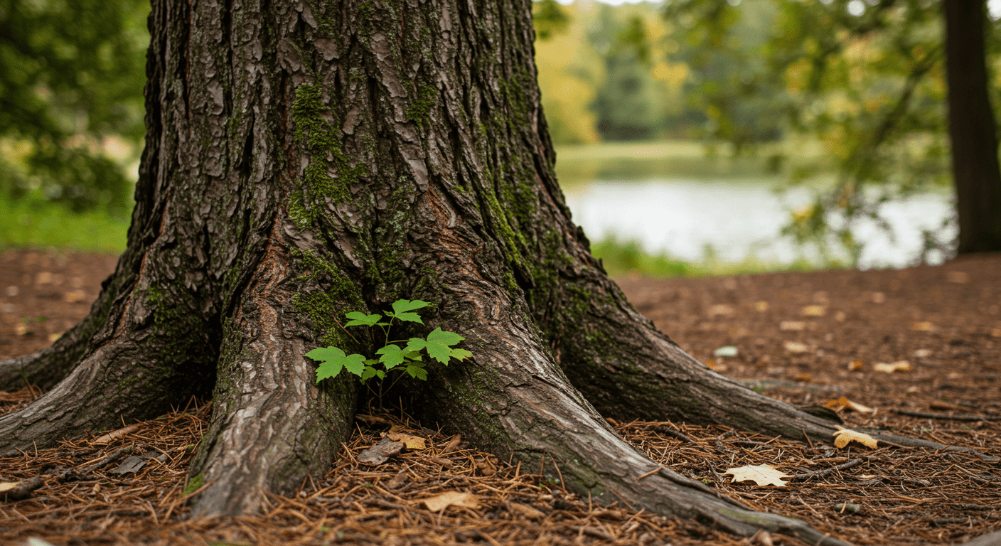 Fotografía de la base de un árbol cubierto de musgo en un bosque. Paisaje tranquilo con un lago y árboles en el fondo. Imagen de naturaleza y serenidad.