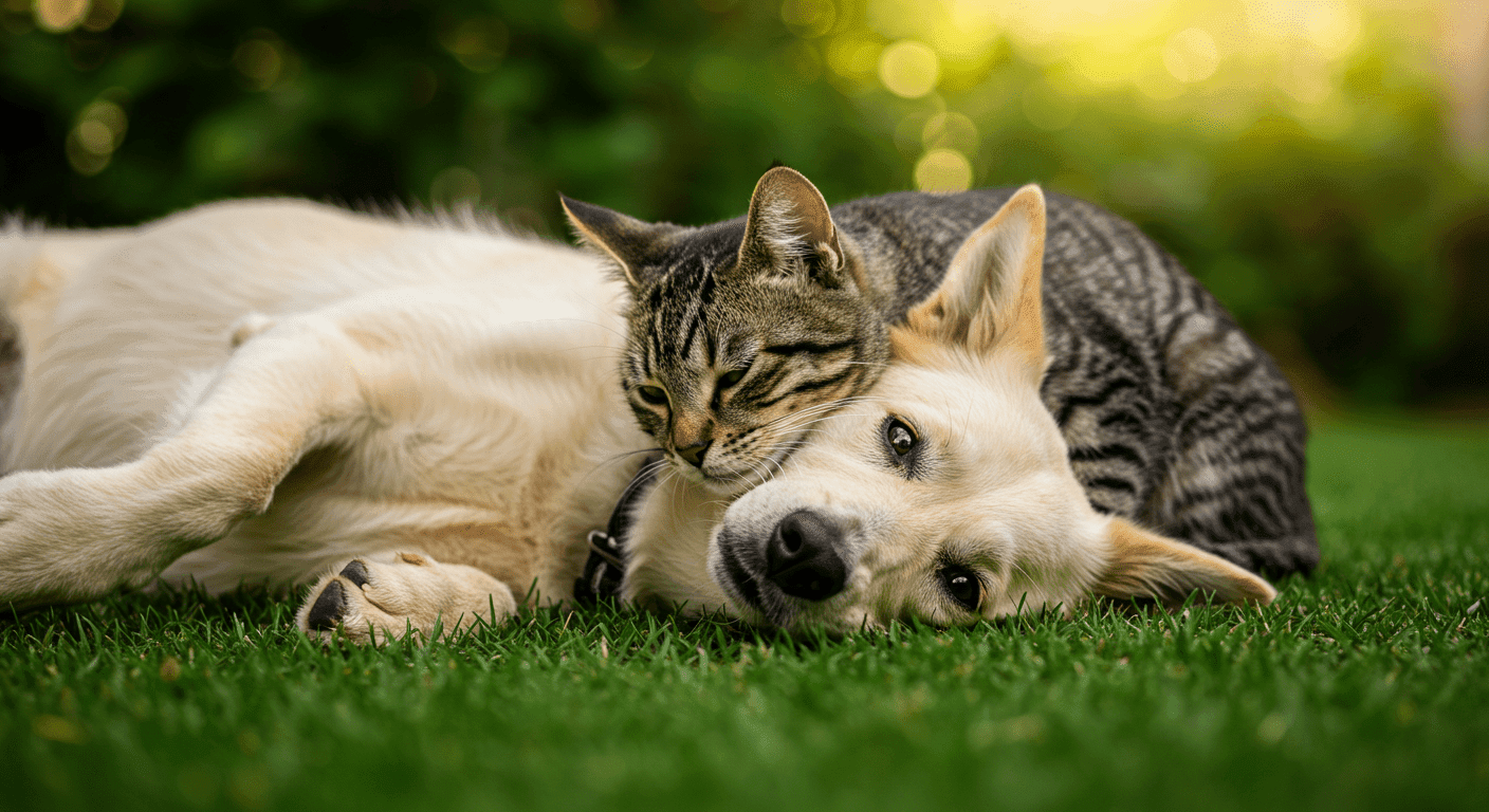 Gato y perro abrazados en el césped, mostrando un momento de amistad y cariño.