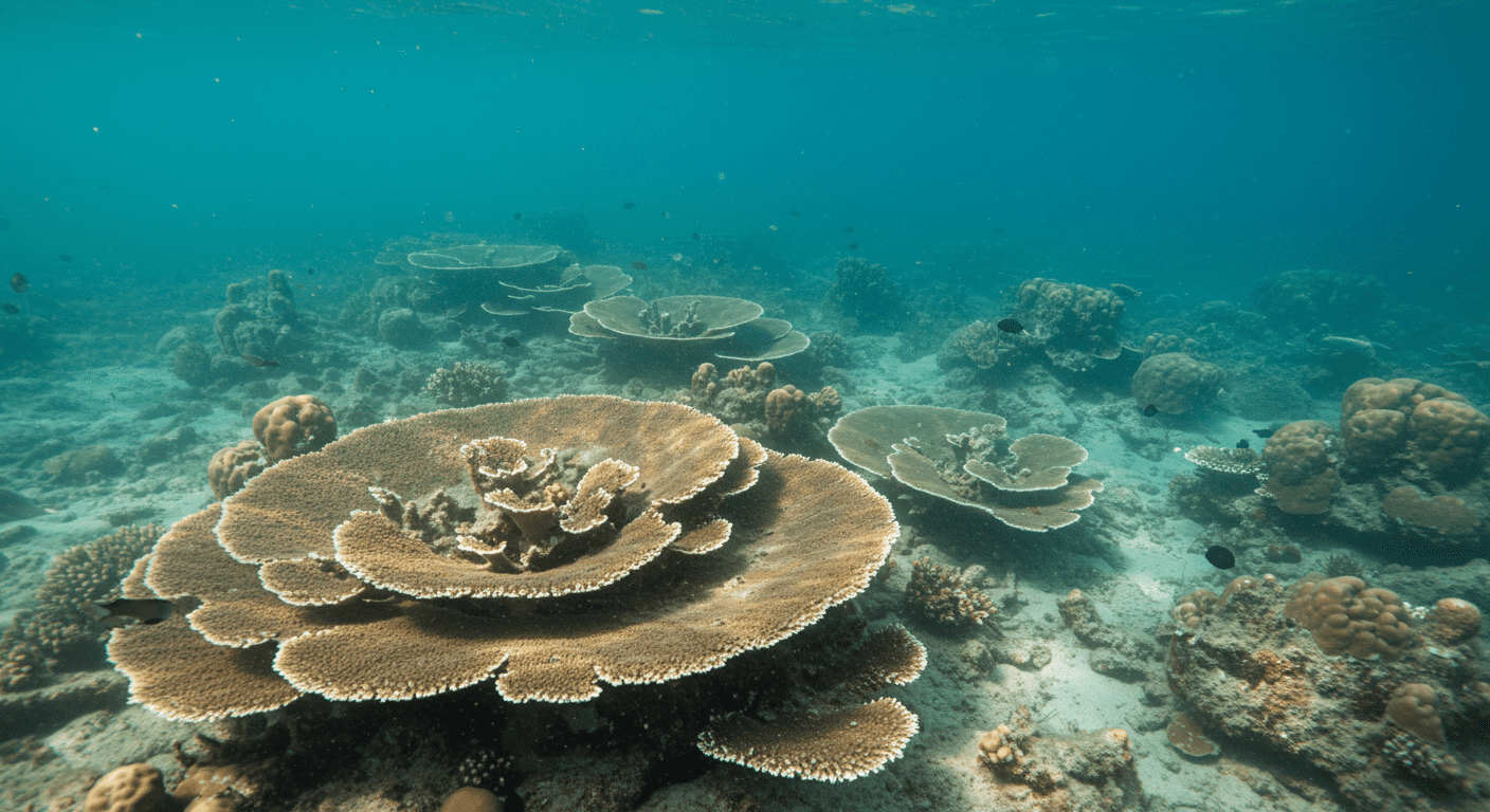 Imagen de un arrecife de coral degradado y blanqueado bajo el agua. Poca vida marina y estructuras coralinas sin color, indicando daño ambiental.