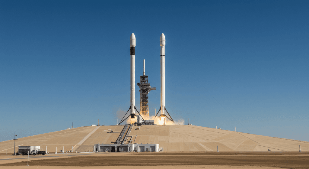 SpaceX y Falcon Heavy: Cómo Revoluciona la Exploración Espacial 2 Imagen de dos cohetes Falcon 9 de SpaceX aterrizando verticalmente sobre plataformas. Primer plano del cohete principal, con llamas y humo debajo. Fondo con cielo azul y nubes. Accesibilidad: muestra el aterrizaje controlado de cohetes espaciales