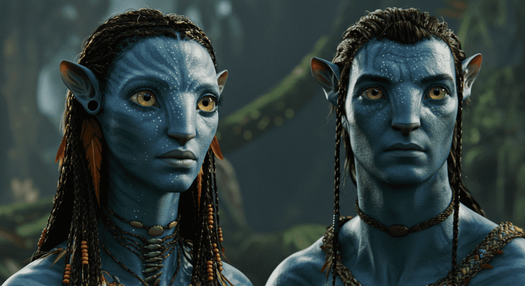 Las películas que rompieron récords de taquilla y conquistaron al mundo 5 Neytiri y Jake de Avatar. Retrato de los personajes principales de la película Avatar. Personajes azules en un entorno natural.