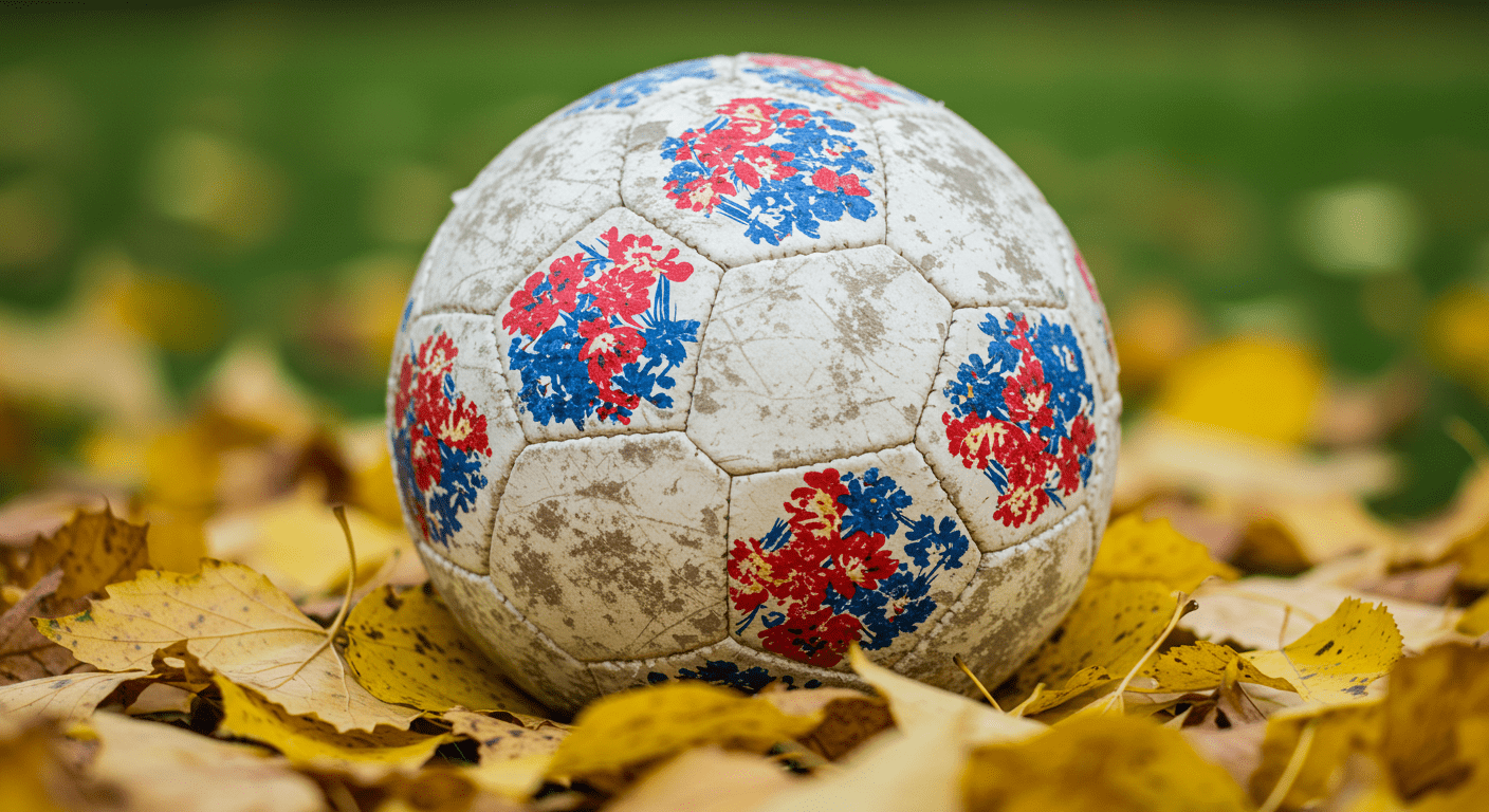 Balón de fútbol viejo y hojas de otoño en el suelo. Imagen nostálgica del deporte y la naturaleza.