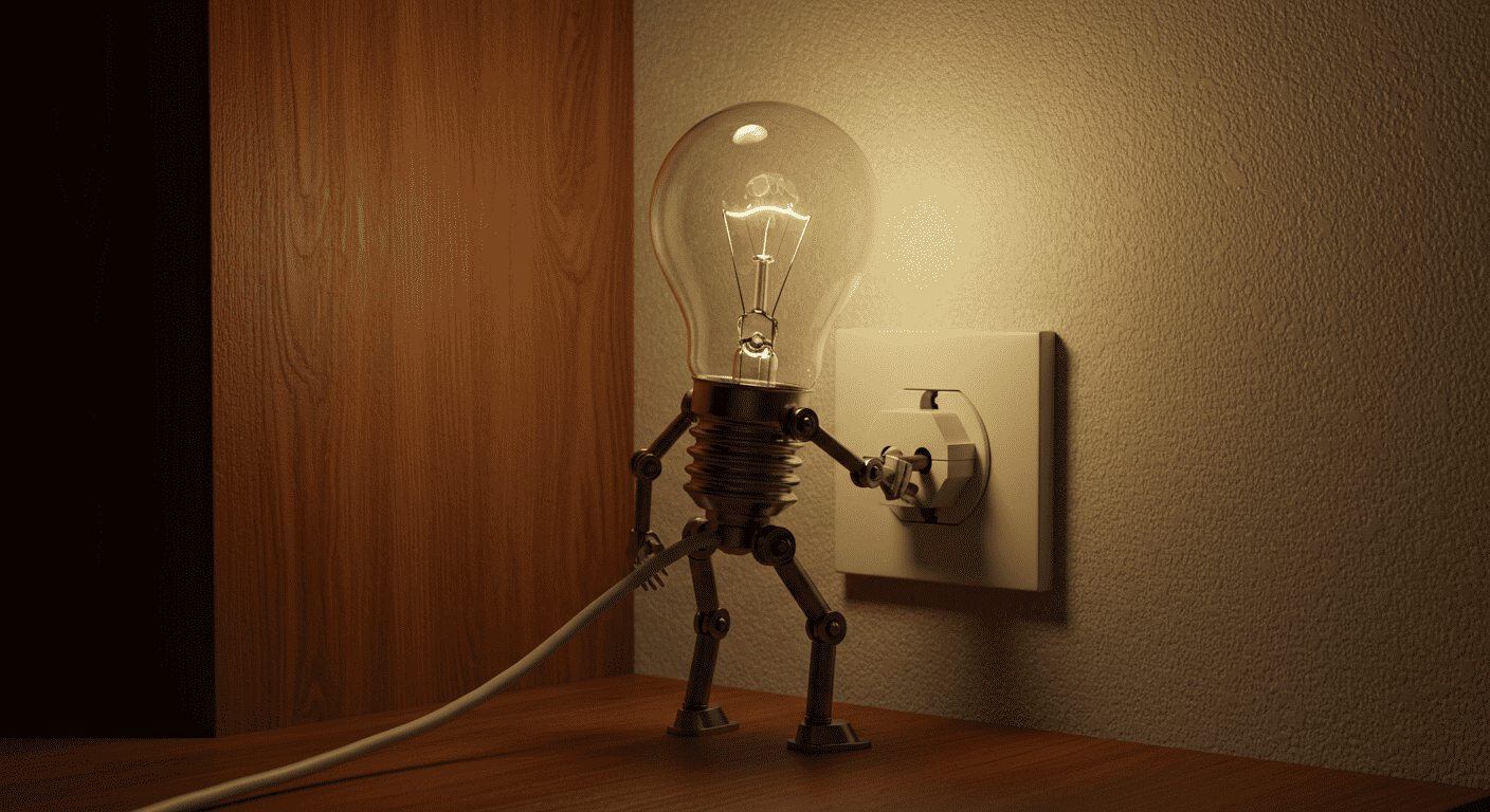 Bombilla con forma humanoide conectándose a enchufe. Energía, electricidad.