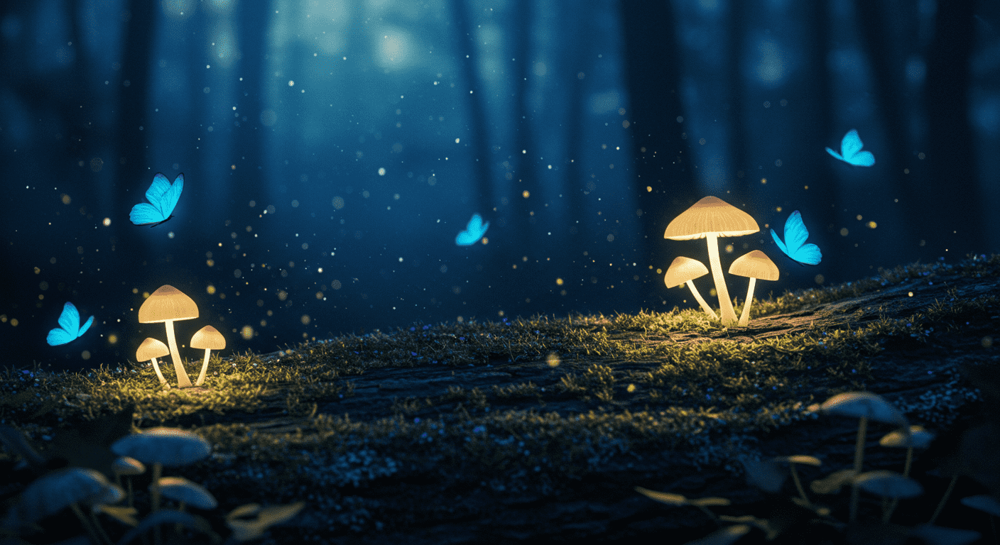 "Mariposas azules y hongos luminosos en bosque mágico. Fotografía de fantasía nocturna para SEO y accesibilidad."