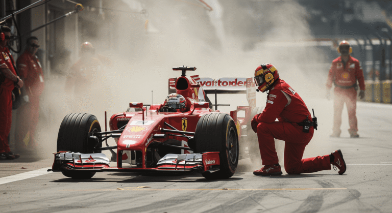 Coche Ferrari Fórmula 1 en boxes, piloto y mecánico en acción. Imagen de carrera automovilística para publicidad y noticias de motor.