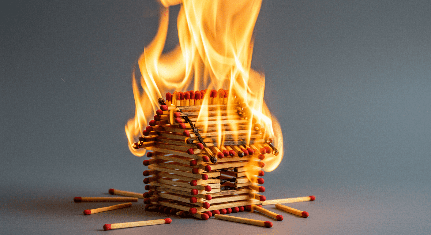 Casa hecha de cerillas en llamas. Incendio de vivienda con cerillas. Riesgo de fuego.