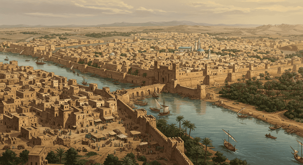 ¿De dónde vienen los nombres de los días de la semana? 2 Ilustración de una antigua ciudad mesopotámica junto a un río. Vista aérea de arquitectura histórica, barcos y actividad comercial.