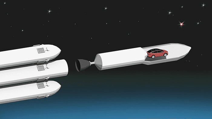SpaceX y Falcon Heavy: Cómo Revoluciona la Exploración Espacial 3 Ilustración de un cohete Falcon Heavy de SpaceX transportando un coche Tesla Roadster rojo en el espacio. Fondo con estrellas y gradiente de color. Accesibilidad: representación visual del lanzamiento de un coche al espacio por SpaceX