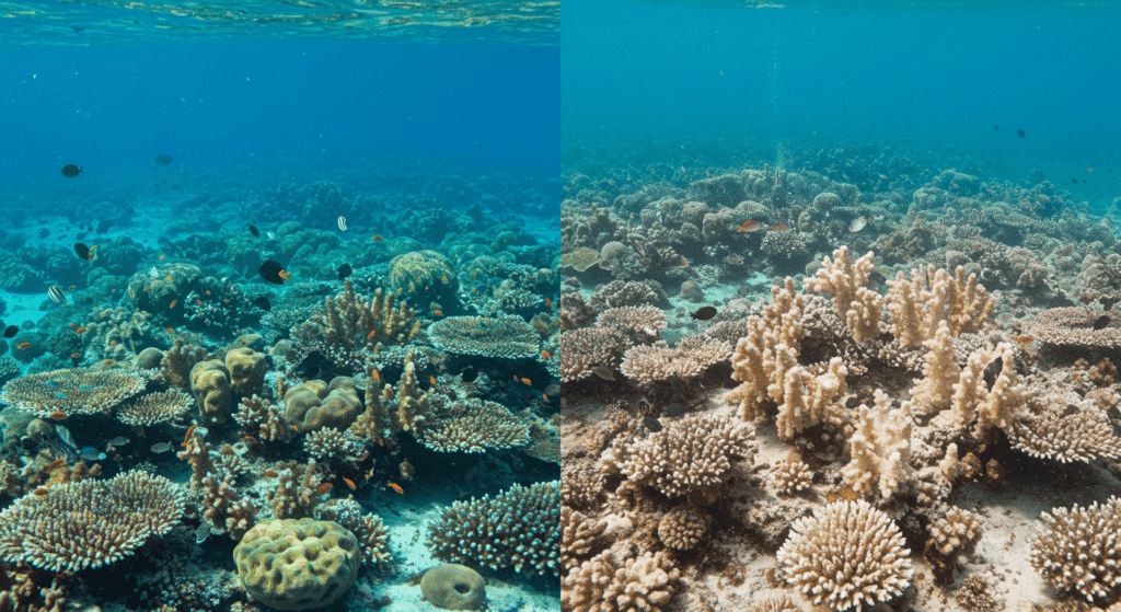 ¿Qué es la acidificación de los océanos y por qué debería preocuparnos? 5 Comparativa visual de arrecifes de coral: a la izquierda, un ecosistema marino sano y colorido; a la derecha, un arrecife degradado y blanqueado. Impacto del cambio climático en la vida marina.