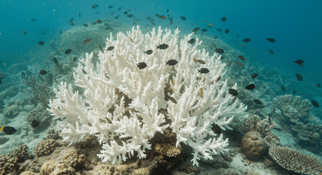 ¿Qué es la acidificación de los océanos y por qué debería preocuparnos? 6 Imagen submarina de coral blanqueado, mostrando el impacto del cambio climático en los arrecifes. Cardumen de peces nadando cerca del coral afectado. Degradación marina.