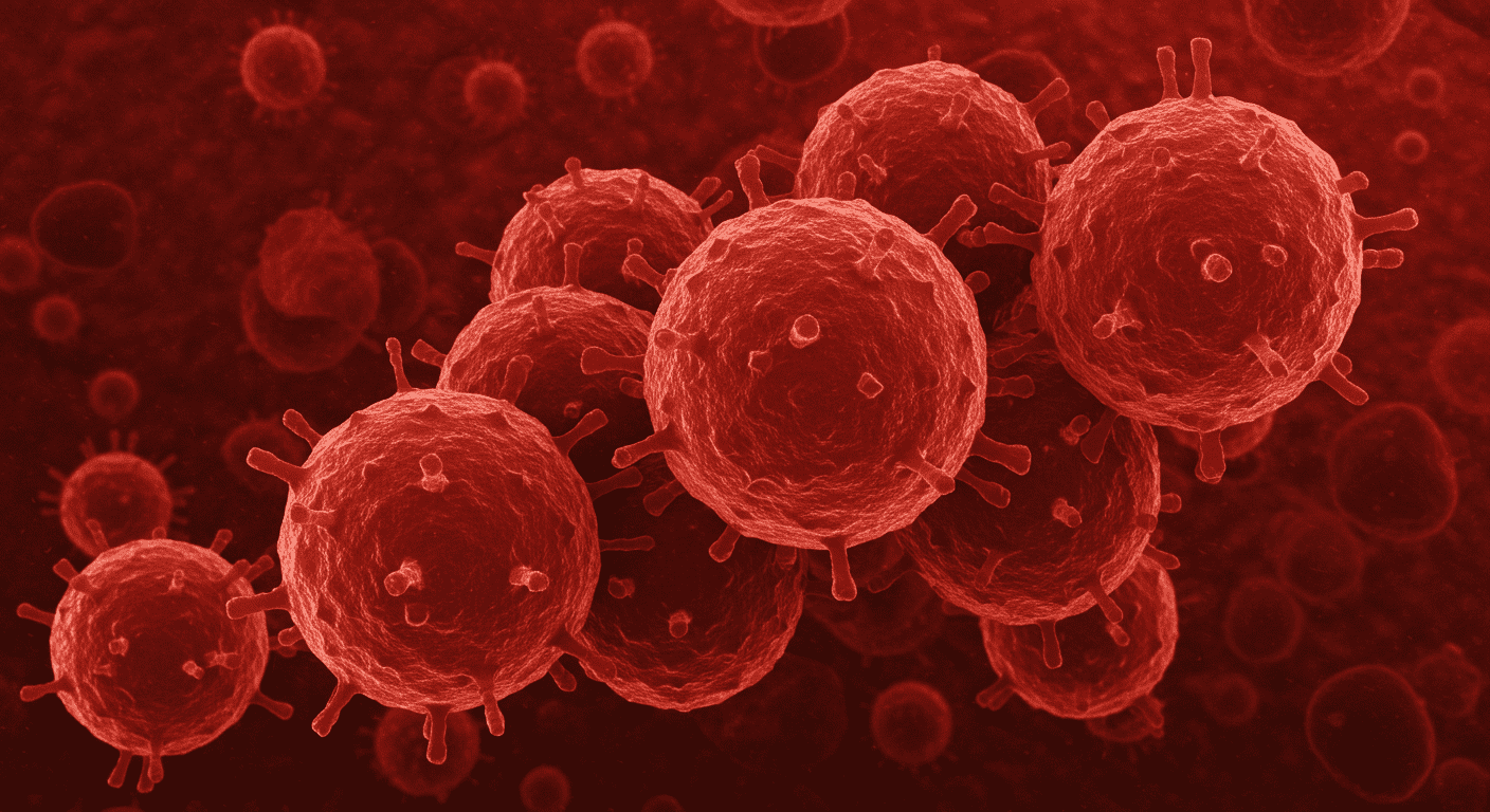 Imagen microscópica del coronavirus COVID-19 en tonos rojos. Visualización de partículas virales con detalle de su estructura superficial