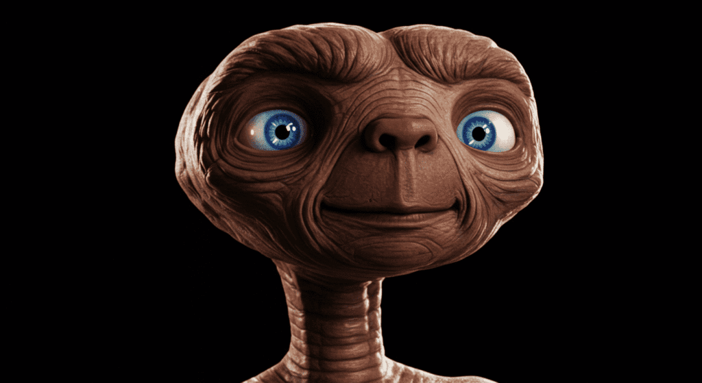 Las películas que rompieron récords de taquilla y conquistaron al mundo 3 E.T. el extraterrestre, personaje icónico del cine. Primer plano de E.T. con su dedo brillante. Cine familiar y ciencia ficción.