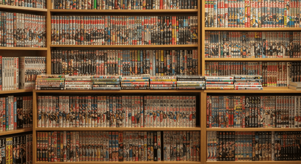 Los 5 mangas más famosos de la historia que todo fan debe conocer 2 Estanterías llenas manga colección libros. Imagen de estanterías repletas de tomos de manga, colección de libros japonesa. Ideal para contenido sobre manga, coleccionismo y cultura japonesa.
