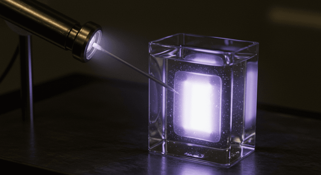 Hoja Artificial: La Innovación que Podría Revolucionar la Energía Limpia 3 Experimento científico con luz: Imagen de un recipiente con líquido y objeto brillante en un laboratorio. Accesibilidad web y SEO para ciencia, laboratorio e investigación.