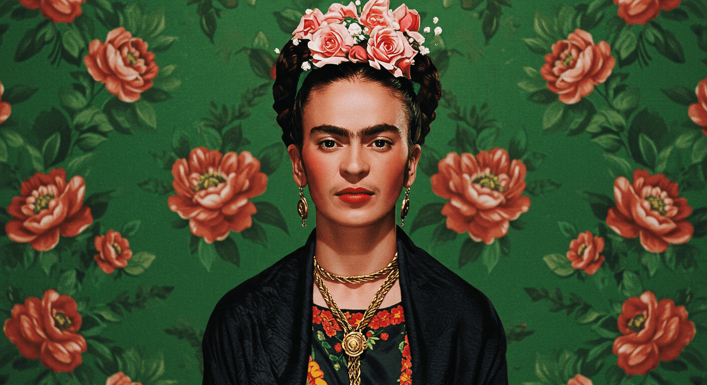 Frida Kahlo con flores en la cabeza sobre fondo floral. Imagen vibrante para artículos de arte mexicano, feminismo y celebración de la identidad cultural.