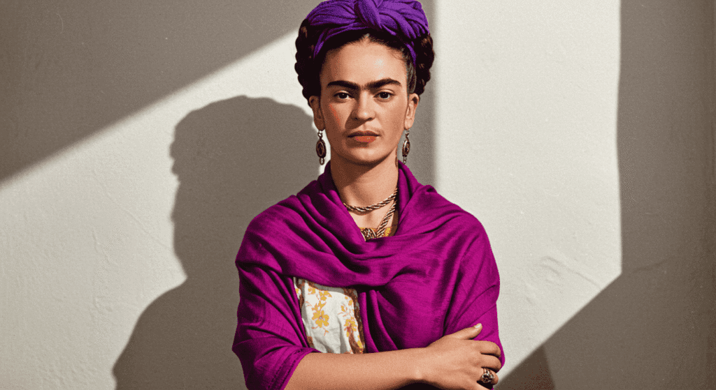 Retrato de Frida Kahlo con chal fucsia y turbante morado. Imagen icónica de la artista mexicana para artículos sobre arte, cultura y empoderamiento femenino.

