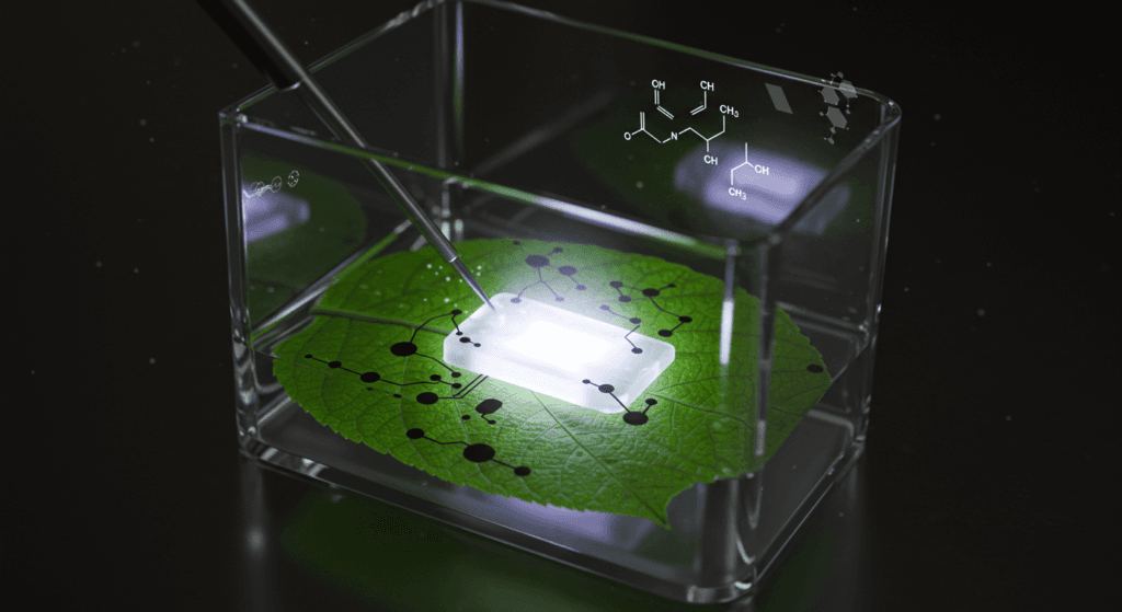 Hoja Artificial: La Innovación que Podría Revolucionar la Energía Limpia 4 Hoja digitalizada: Imagen artística de una hoja verde con circuitos y estructuras químicas superpuestas. Accesibilidad web y SEO para tecnología, naturaleza y diseño.