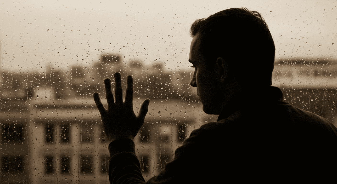 Hombre mirando la lluvia a través de la ventana. Foto sepia de hombre con mano en cristal llovizna. Persona pensativa, lluvia.