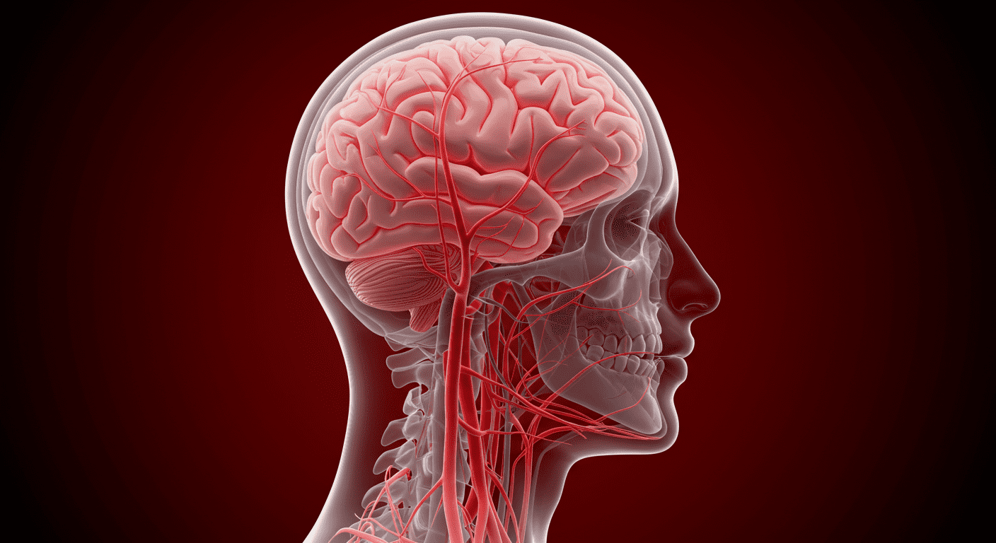 Ilustración transparente del cerebro humano en rojo, resaltando la anatomía y circulación. Imagen médica accesible.