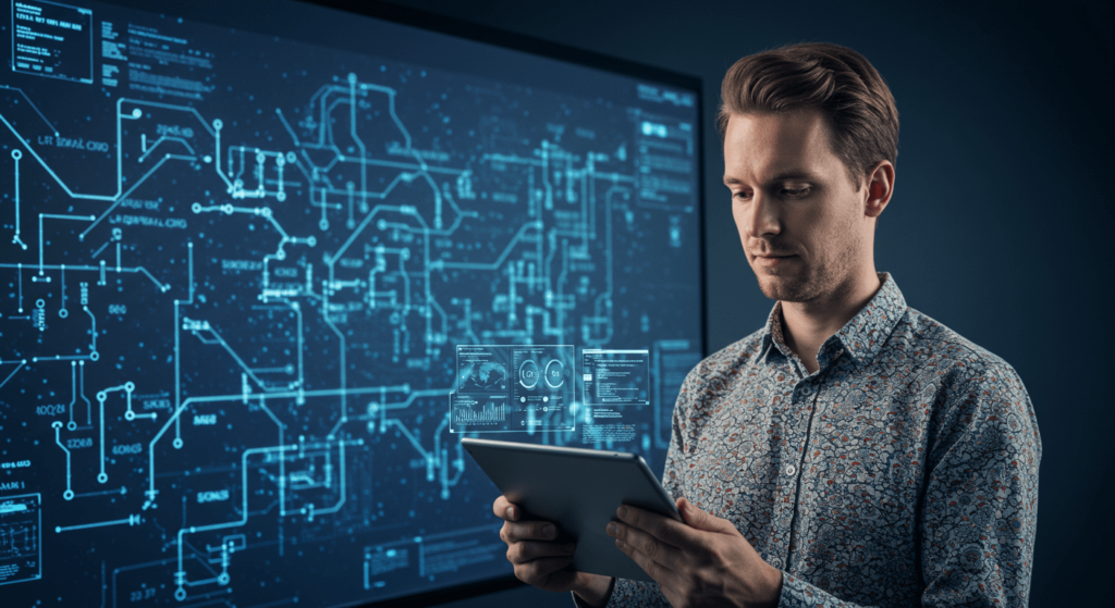 Computación Cuántica en Palabras Simples: Cómo Funciona y por Qué Importa 6 Ingeniero trabajando con tablet. Imagen de un hombre con una tablet mostrando datos, frente a un esquema de circuito electrónico. Accesibilidad web y SEO para tecnología e ingeniería.