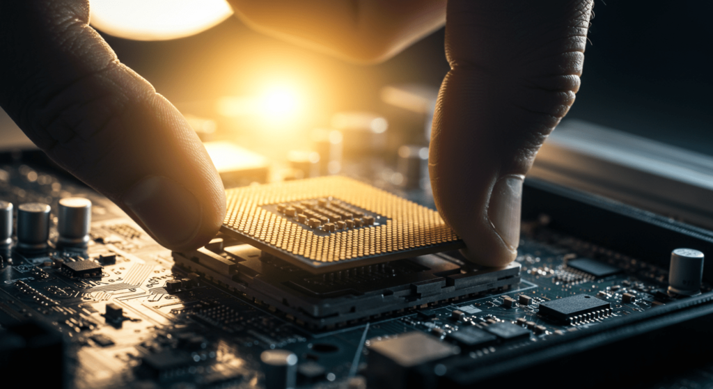 Computación Cuántica en Palabras Simples: Cómo Funciona y por Qué Importa 2 Primer plano de una mano instalando un chip CPU en una placa base. El chip es metálico con pines, y la placa base muestra circuitos complejos. Luz brillante de fondo. Accesibilidad: imagen que representa la instalación precisa de un componente en la electrónica de una computadora