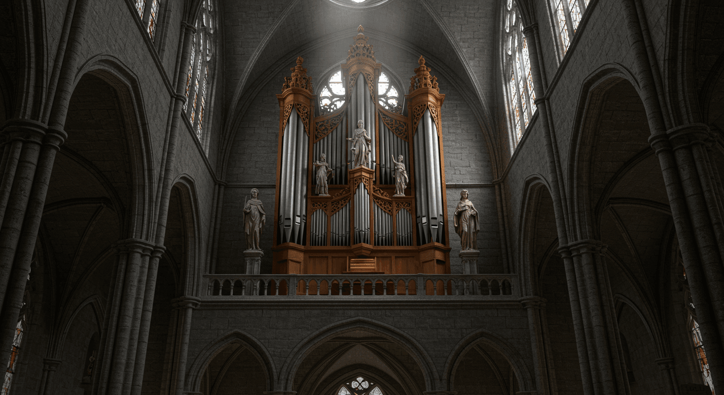 "Fotografía del interior de una catedral gótica con un órgano de tubos. Imagen accesible sobre arquitectura religiosa, música sacra y patrimonio histórico."