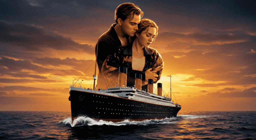 Las películas que rompieron récords de taquilla y conquistaron al mundo 4 Póster de la película Titanic. Leonardo DiCaprio y Kate Winslet abrazados. Romance trágico en el mar. Cine y drama romántico.