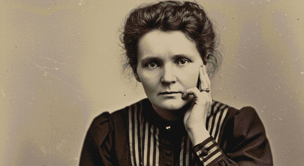 Retrato en blanco y negro de Marie Curie. Imagen icónica de científica y pionera en la investigación de la radiactividad para promover la ciencia y la igualdad de género.

